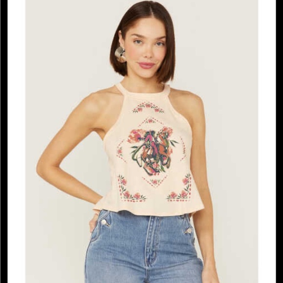 SHYANNE VAQUERA FLORAL GRAPHIC HALTER TOP rodeo jaripeo western Mexican casual - Picture 1 of 4